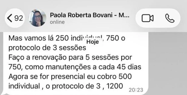 Mensagem de Paola Roberta Bovani com seus valores de sessão