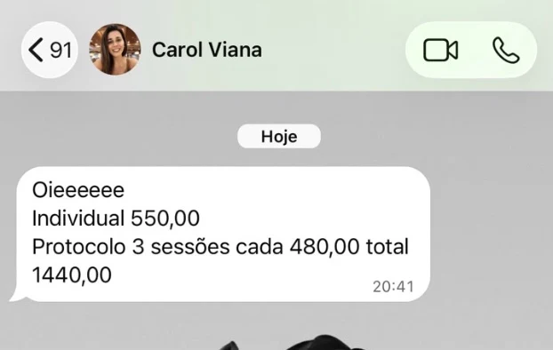 Mensagem de Carol Viana com seus valores de sessão